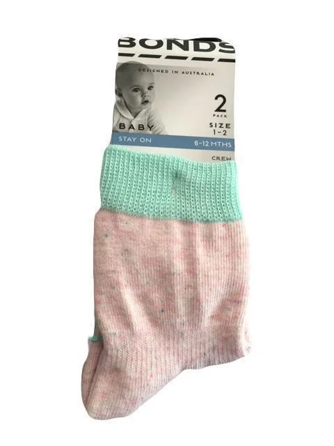 Bonds Baby Stay On Crew Socks 2 Pack - Pink/Mint