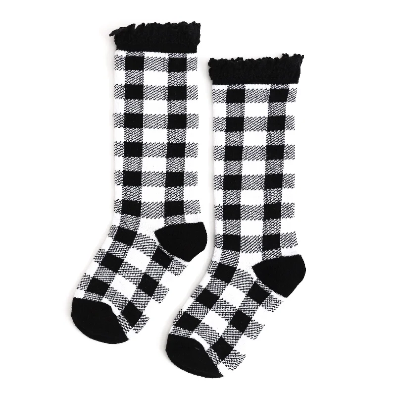 Buffalo Plaid Lace Top Knee High Socks