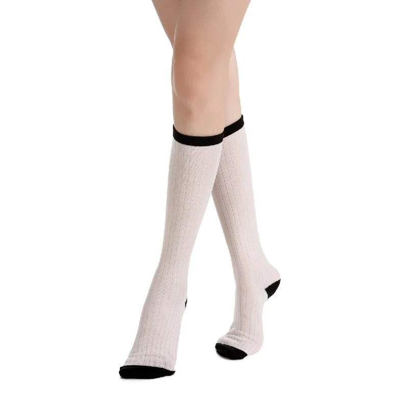 Camellia Striped Ribbed Semi-Sheer Mid-High Sock | White