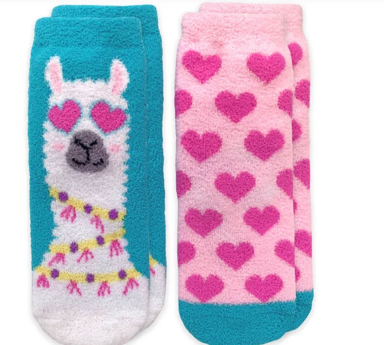 Jefferies Socks/Llama and Hearts Fuzzy Non-Skid Slipper Socks 2 Pair Pack