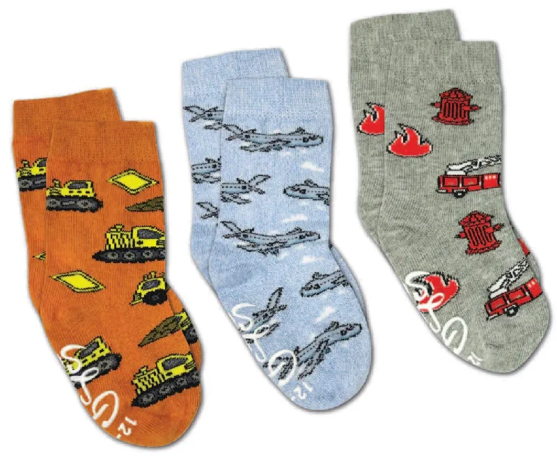 Kid's 3 Pack Airplanes, Construction, and Firefighter Crew Sock -1-2 Years