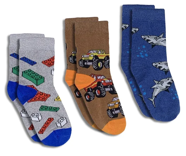 Kid's 3 Pack Building Blocks, Monster Trucks and Sharks Crew Sock -4-7 Years