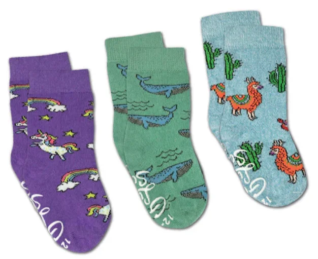 Kid's 3 Pack Llamas, Unicorn and Whales Crew Sock -2-4 Years