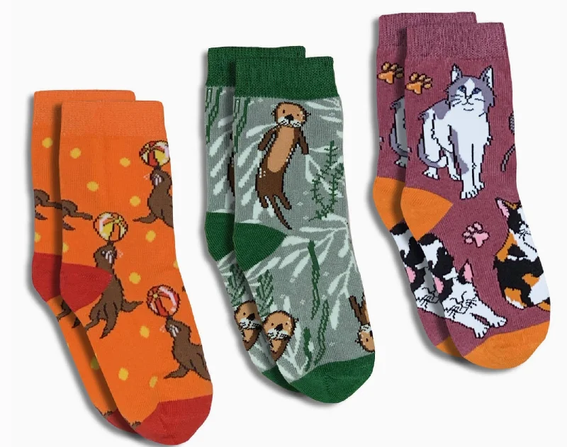 Kid's 3 Pack Sea Lions, Sea Otters and Kitty Cates Crew Socks -1-2 Years