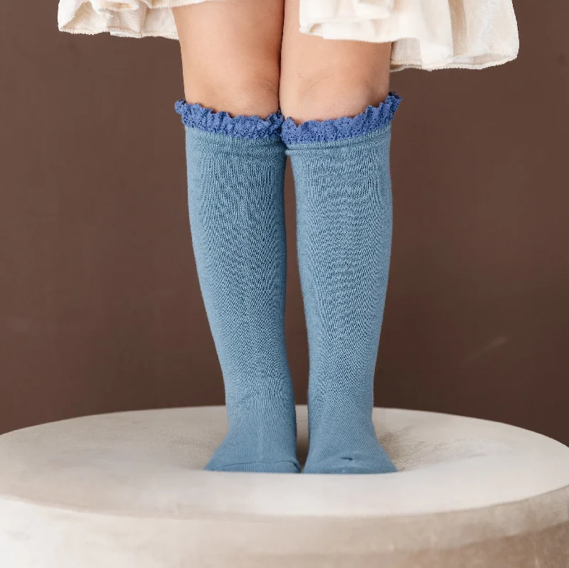 Lace Top Knee High Socks - Denim