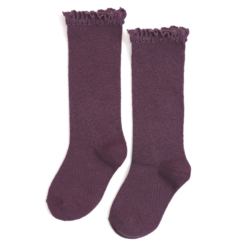 Lace Top Knee High Socks - Plum