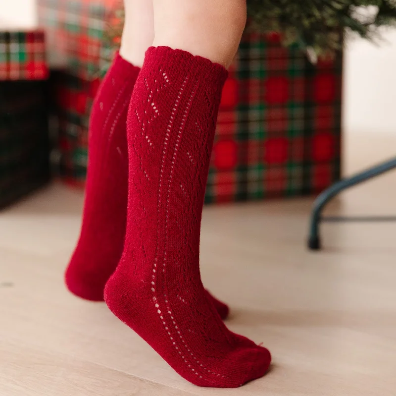 Scalloped Fancy Knee High Socks - Crimson