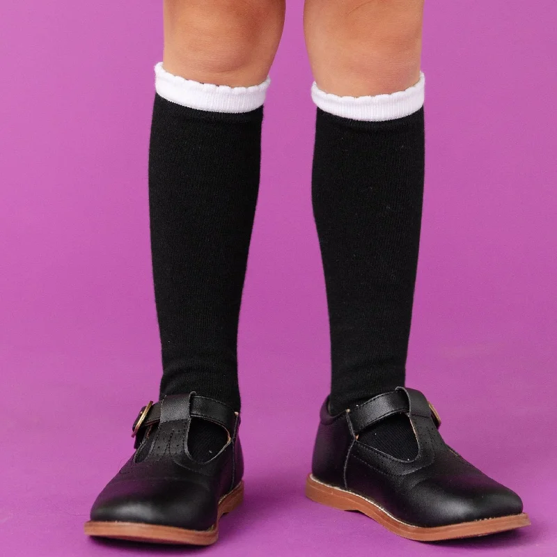 Scalloped Knee High Socks - Black/White