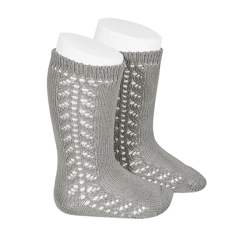 Side Openwork Knee High Socks Grey