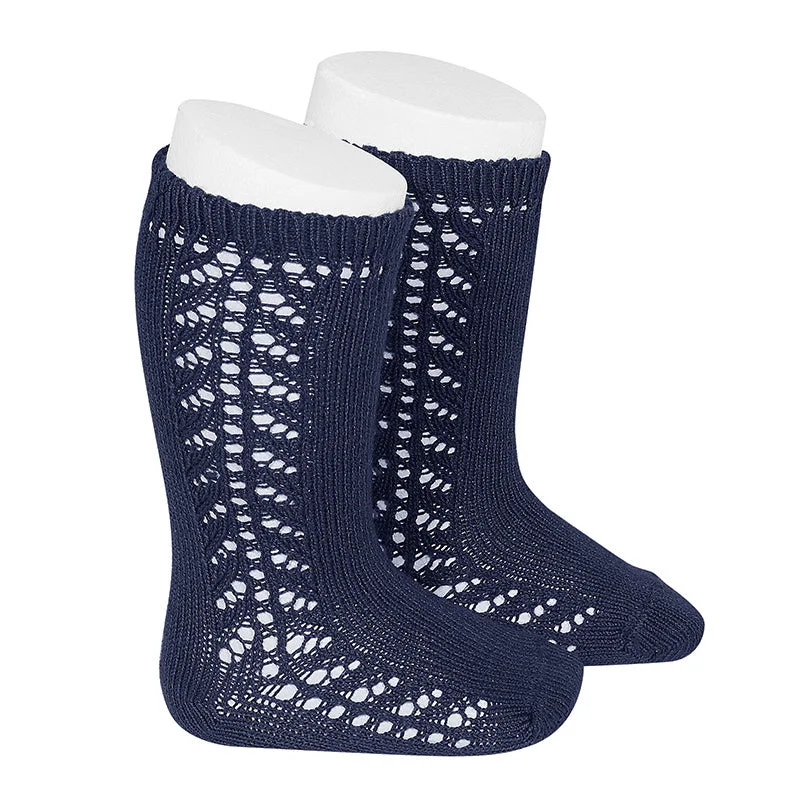 Side Openwork Knee High Socks Navy