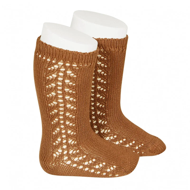 Side Openwork Knee High Socks Rust