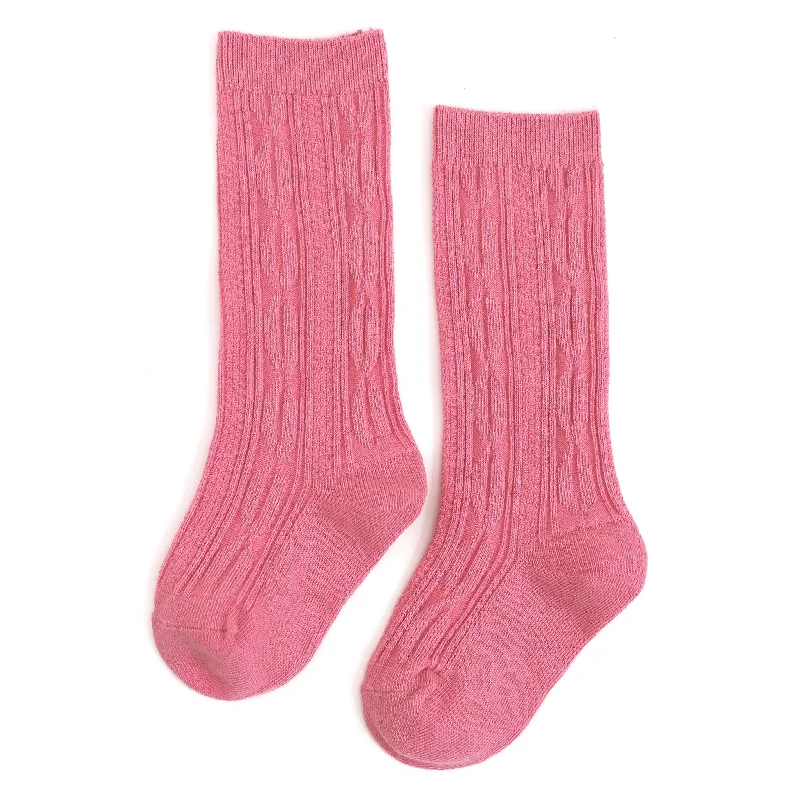 Pink Pearl Cable Knit Knee High Socks